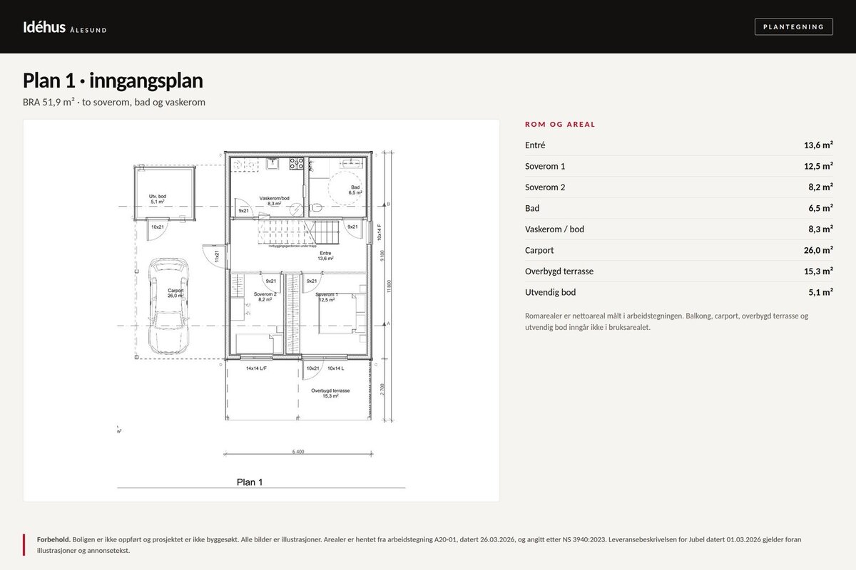 Plan 1 — inngangsplan med to soverom, bad og vaskerom — Jubel på tomt 5