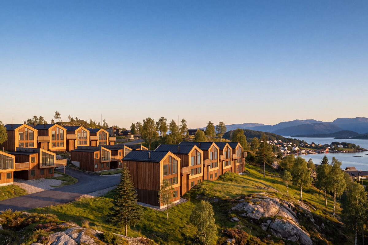 Boligrekkene i Remvika Terrasse i ettermiddagslys, med sjøen bak